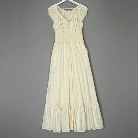 Old Navy Dress Womens XS Tall Cream Maxi Swiss Dot Peasant Smocked Waist Prairie - Picture 1 of 13